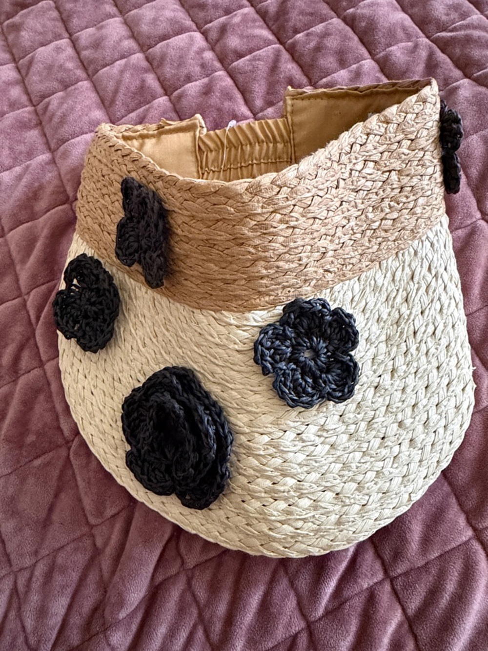 Steve Madden Straw Visor with Black Crochet Flowers - Natural/Tan/Black